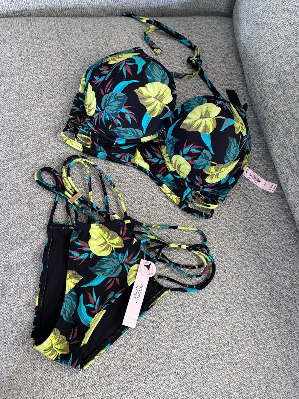 Victoria's Secret Archive Brazilian Bikini Set - Black/ Yellow/Teal Print 32DD/S